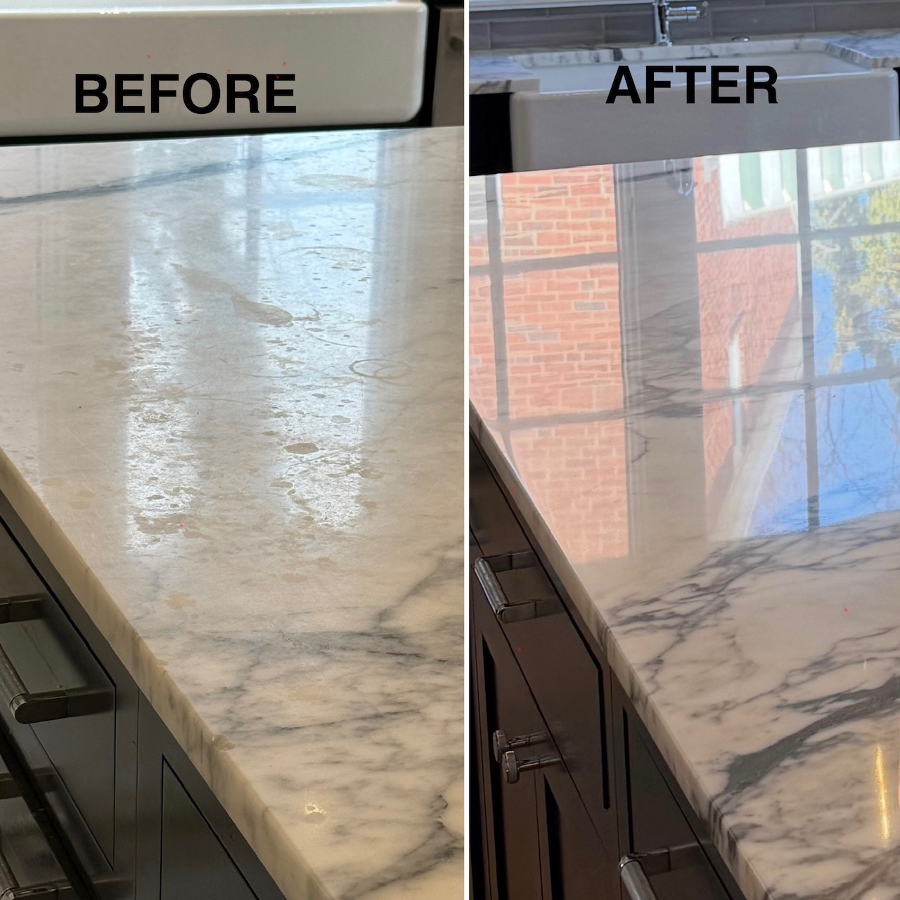 Before and after marble countertop restoration showing etch removal and polishing by NOVA Stone Care